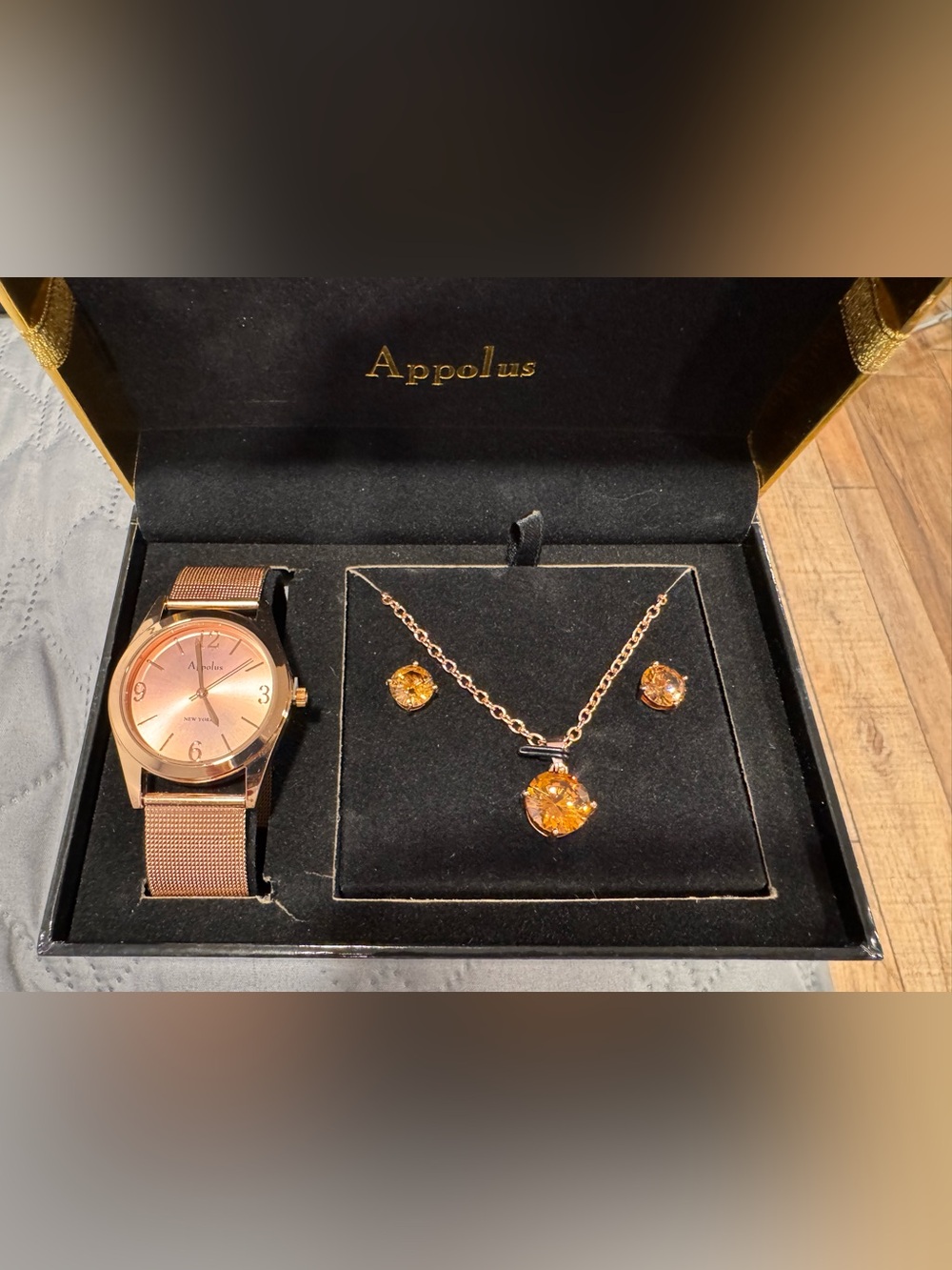 Rose Gold Necklace and Earring Set with Amber Crystals